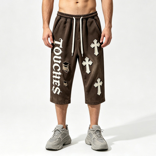 Washed Applique Spray Dye Cropped Pants | Distressed Ripped Vintage Streetwear | Clothing Manufacturer