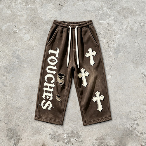 Washed Applique Spray Dye Cropped Pants | Distressed Ripped Vintage Streetwear | Clothing Manufacturer
