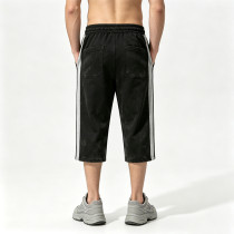 Screen and DTG Print Vintage Washed Cropped Pants | Retro Graphic Patchwork Side Striped | OEM Streetwear