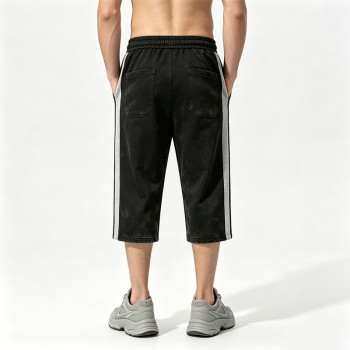 Screen and DTG Print Vintage Washed Cropped Pants | Retro Graphic Patchwork Side Striped | OEM Streetwear
