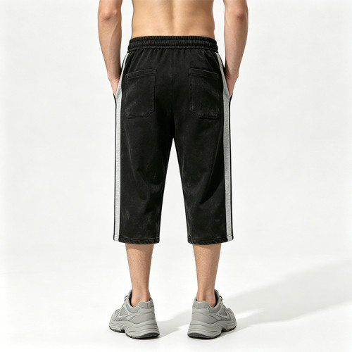 Screen and DTG Print Vintage Washed Cropped Pants | Retro Graphic Patchwork Side Striped | OEM Streetwear