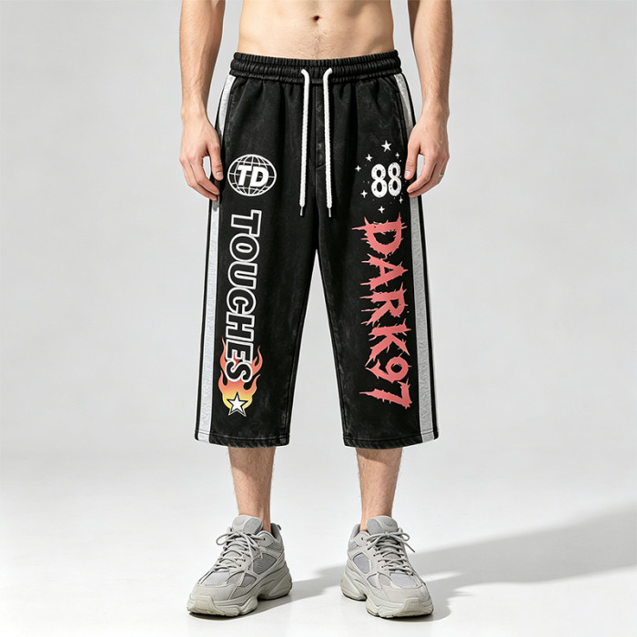 Screen and DTG Print Vintage Washed Cropped Pants | Retro Graphic Patchwork Side Striped | OEM Streetwear