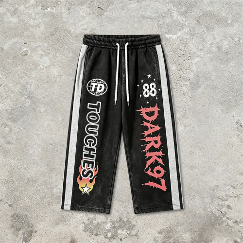 Screen and DTG Print Vintage Washed Cropped Pants | Retro Graphic Patchwork Side Striped | OEM Streetwear
