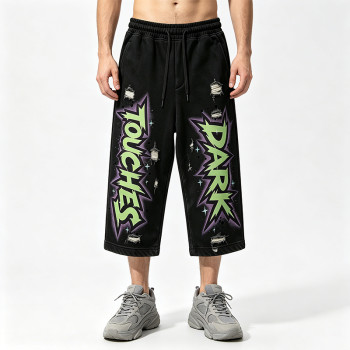 Washed Screen Print Distressed Ripped Cropped Pants | Vintage DTG Print Streetwear Capris | Custom Streetwear