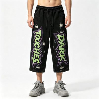 Washed Screen Print Distressed Ripped Cropped Pants | Vintage DTG Print Streetwear Capris | Custom Streetwear