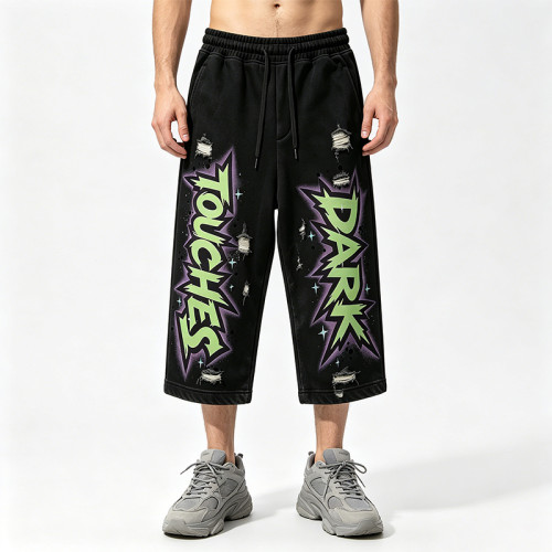 Washed Screen Print Distressed Ripped Cropped Pants | Vintage DTG Print Streetwear Capris | Custom Streetwear