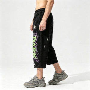 Washed Screen Print Distressed Ripped Cropped Pants | Vintage DTG Print Streetwear Capris | Custom Streetwear