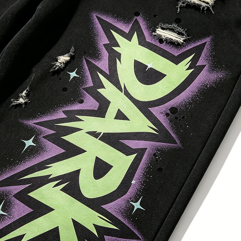 Washed Screen Print Distressed Ripped Cropped Pants