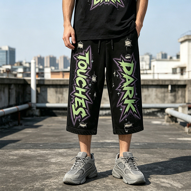 Washed Screen Print Distressed Ripped Cropped Pants