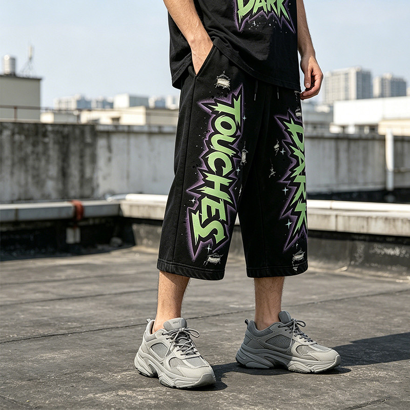 Washed Screen Print Distressed Ripped Cropped Pants