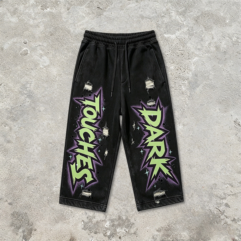 Washed Screen Print Distressed Ripped Cropped Pants