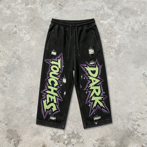 Washed Screen Print Distressed Ripped Cropped Pants | Vintage DTG Print Streetwear Capris | Custom Streetwear