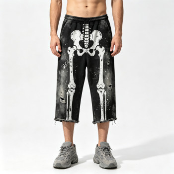 Vintage Washed Spray Dye Skeleton Screen Print Capri Pants | Distressed Ripped Abrade Frayed Hem | OEM Streetwear