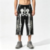 Vintage Washed Spray Dye Skeleton Screen Print Capri Pants | Distressed Ripped Abrade Frayed Hem | OEM Streetwear