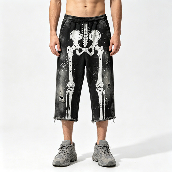Vintage Washed Spray Dye Skeleton Screen Print Capri Pants | Distressed Ripped Abrade Frayed Hem | OEM Streetwear