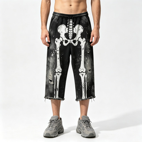 Vintage Washed Spray Dye Skeleton Screen Print Capri Pants | Distressed Ripped Abrade Frayed Hem | OEM Streetwear