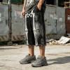 Vintage Washed Spray Dye Skeleton Screen Print Capri Pants | Distressed Ripped Abrade Frayed Hem | OEM Streetwear