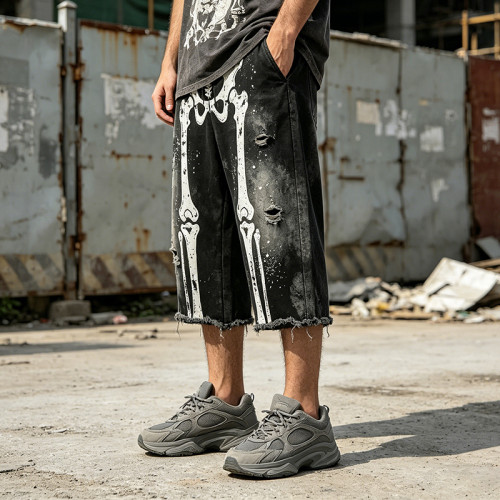 Vintage Washed Spray Dye Skeleton Screen Print Capri Pants | Distressed Ripped Abrade Frayed Hem | OEM Streetwear