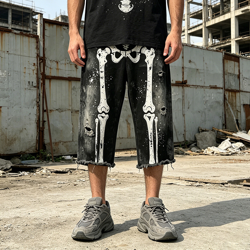 Vintage Washed Spray Dye Skeleton Screen Print Capri Pants