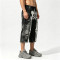 Vintage Washed Spray Dye Skeleton Screen Print Capri Pants | Distressed Ripped Abrade Frayed Hem | OEM Streetwear