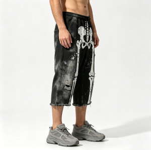 Vintage Washed Spray Dye Skeleton Screen Print Capri Pants | Distressed Ripped Abrade Frayed Hem | OEM Streetwear