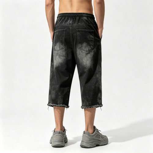 Vintage Washed Spray Dye Skeleton Screen Print Capri Pants | Distressed Ripped Abrade Frayed Hem | OEM Streetwear