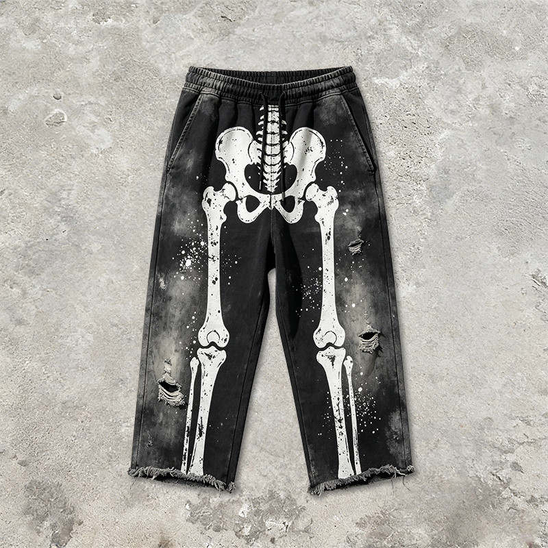 Vintage Washed Spray Dye Skeleton Screen Print Capri Pants