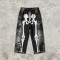 Vintage Washed Spray Dye Skeleton Screen Print Capri Pants | Distressed Ripped Abrade Frayed Hem | OEM Streetwear