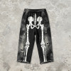 Vintage Washed Spray Dye Skeleton Screen Print Capri Pants | Distressed Ripped Abrade Frayed Hem | OEM Streetwear