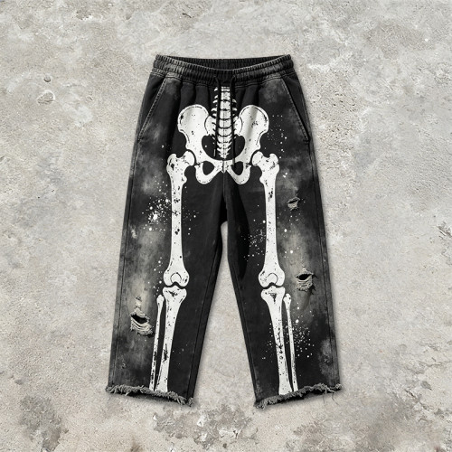 Vintage Washed Spray Dye Skeleton Screen Print Capri Pants | Distressed Ripped Abrade Frayed Hem | OEM Streetwear