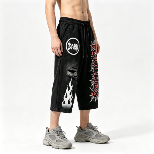 Screen Print Acid Washed Spray Dye Cropped Pants | Distressed Ripped Spider Web Graphic | Custom Streetwear