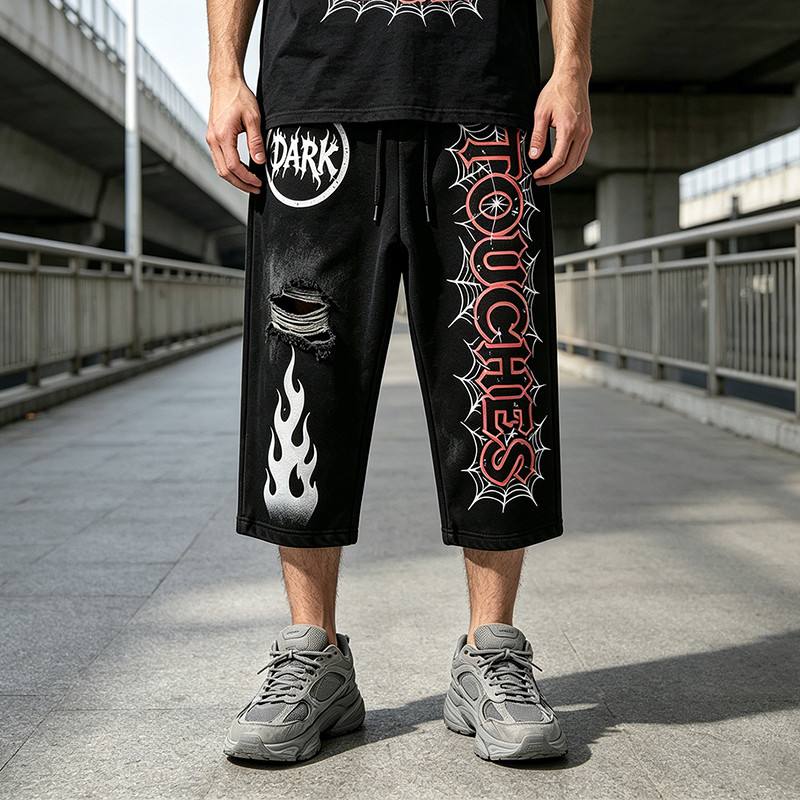 Screen Print Acid Washed Spray Dye Cropped Pants
