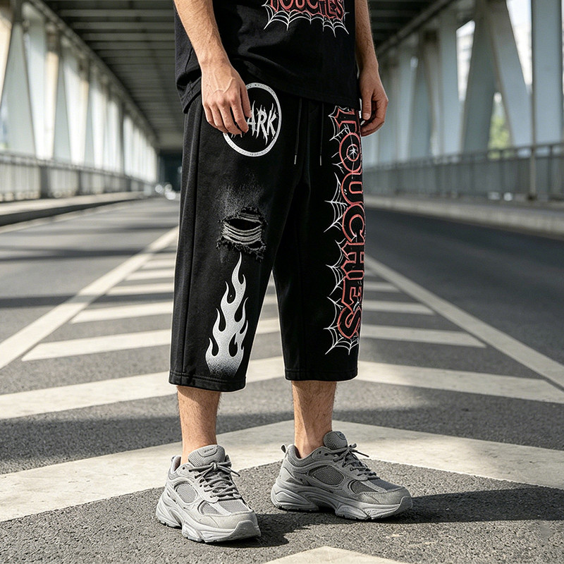 Screen Print Acid Washed Spray Dye Cropped Pants