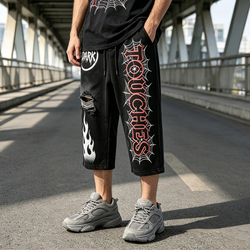 Screen Print Acid Washed Spray Dye Cropped Pants | Distressed Ripped Spider Web Graphic | Custom Streetwear