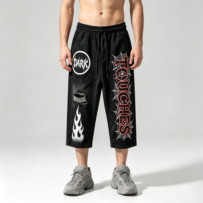 Screen Print Acid Washed Spray Dye Cropped Pants | Distressed Ripped Spider Web Graphic | Custom Streetwear