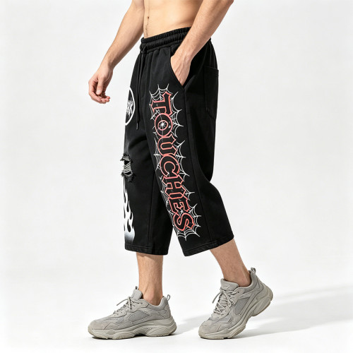 Screen Print Acid Washed Spray Dye Cropped Pants | Distressed Ripped Spider Web Graphic | Custom Streetwear