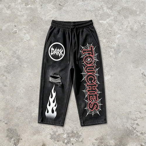 Screen Print Acid Washed Spray Dye Cropped Pants | Distressed Ripped Spider Web Graphic | Custom Streetwear