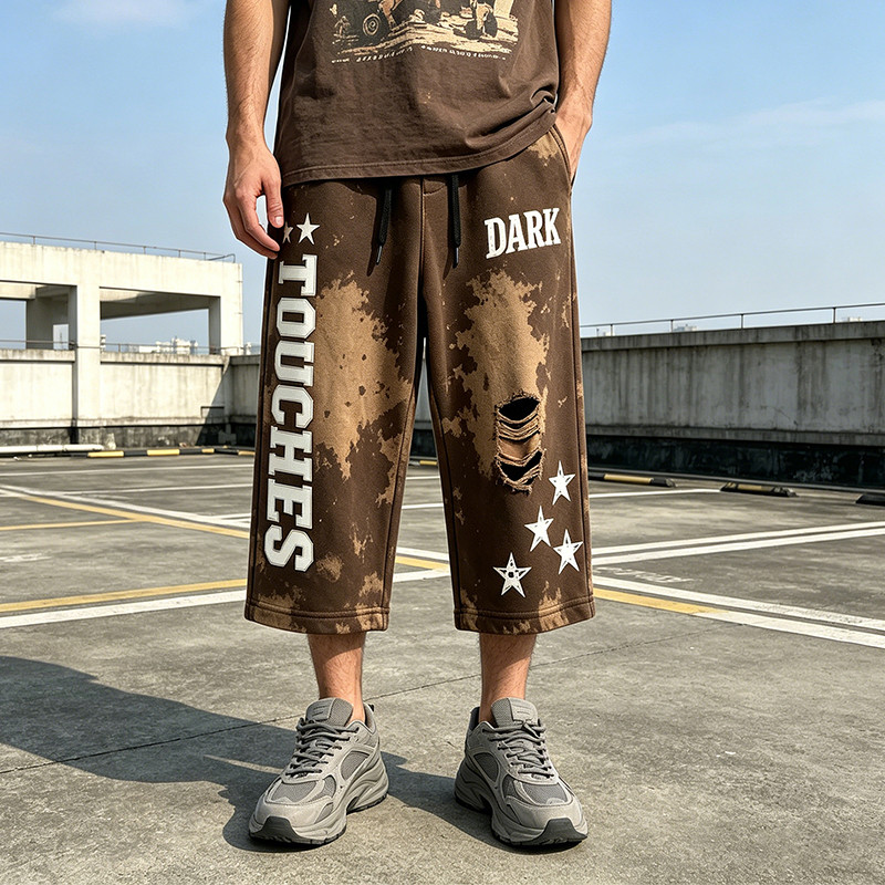 Applique Washed Spray Dye Puff Print Cropped pants