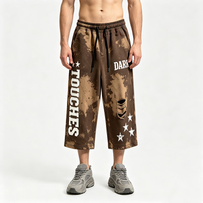 Applique Washed Spray Dye Puff Print Cropped pants | Ripped Star Graphic Pants Streetwear | OEM Streetwear