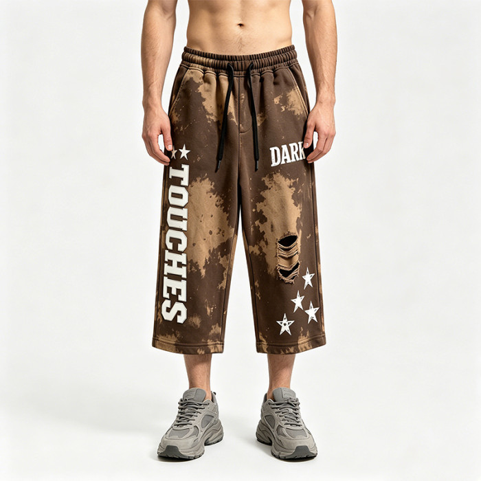 Applique Washed Spray Dye Puff Print Cropped pants | Ripped Star Graphic Pants Streetwear | OEM Streetwear
