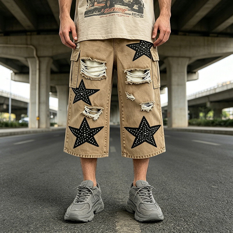 Rhinestone Star Applique Vintage Cropped Cargo Capri Pants