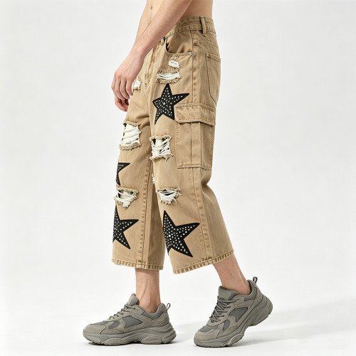 Rhinestone Star Applique Vintage Cropped Cargo Capri Pants | Washed Distressed Ripped | Custom Streetwear