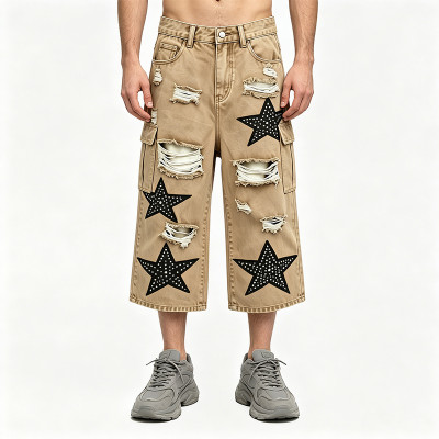 Rhinestone Star Applique Vintage Cropped Cargo Capri Pants | Washed Distressed Ripped | Custom Streetwear