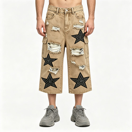 Rhinestone Star Applique Vintage Cropped Cargo Capri Pants | Washed Distressed Ripped | Custom Streetwear