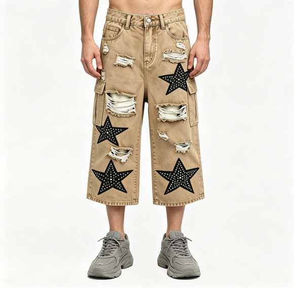 Rhinestone Star Applique Vintage Cropped Cargo Capri Pants | Washed Distressed Ripped | Custom Streetwear