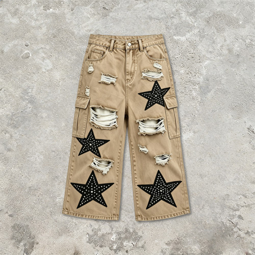 Rhinestone Star Applique Vintage Cropped Cargo Capri Pants | Washed Distressed Ripped | Custom Streetwear