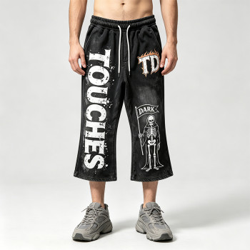 Washed Screen Print Spray Dye Vintage Cropped Flare Sweatpants | TD Skull Graphic Drawstring Street Pants | Custom Streetwear