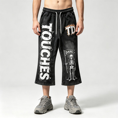 Washed Screen Print Spray Dye Vintage Cropped Flare Sweatpants | TD Skull Graphic Drawstring Street Pants | Custom Streetwear