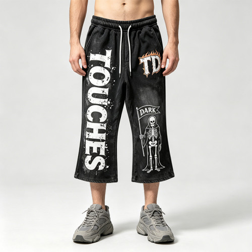 Washed Screen Print Spray Dye Vintage Cropped Flare Sweatpants | TD Skull Graphic Drawstring Street Pants | Custom Streetwear