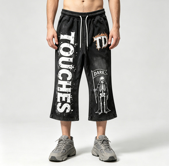 Washed Screen Print Spray Dye Vintage Cropped Flare Sweatpants | TD Skull Graphic Drawstring Street Pants | Custom Streetwear